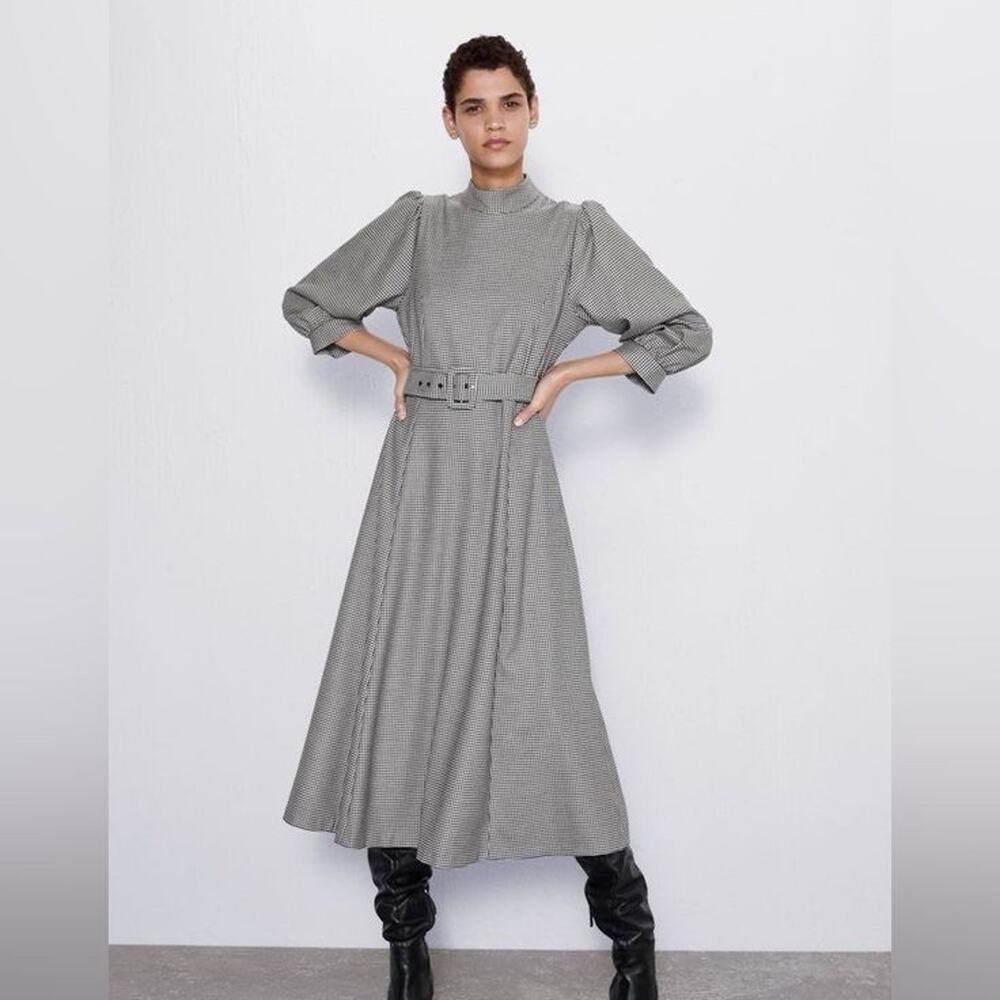 Zara Women's Houndstooth High-Neck A-Line Midi Dress, Size Sm, In Black & White